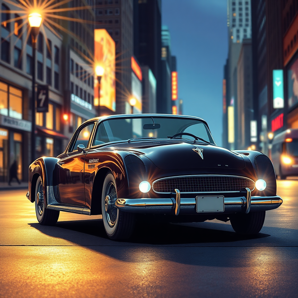 Illustrate a finished electric vehicle—the ultimate blend of vintage style and cutting-edge technology. The car stands proudly on a city street, showcasing its striking design with electric elements subtly integrated. Backlit by city lights, the car sparkles, attracting attention. The dazzling atmosphere should encapsulate energy and excitement, captured from a street angle to emphasize its presence on the urban landscape.