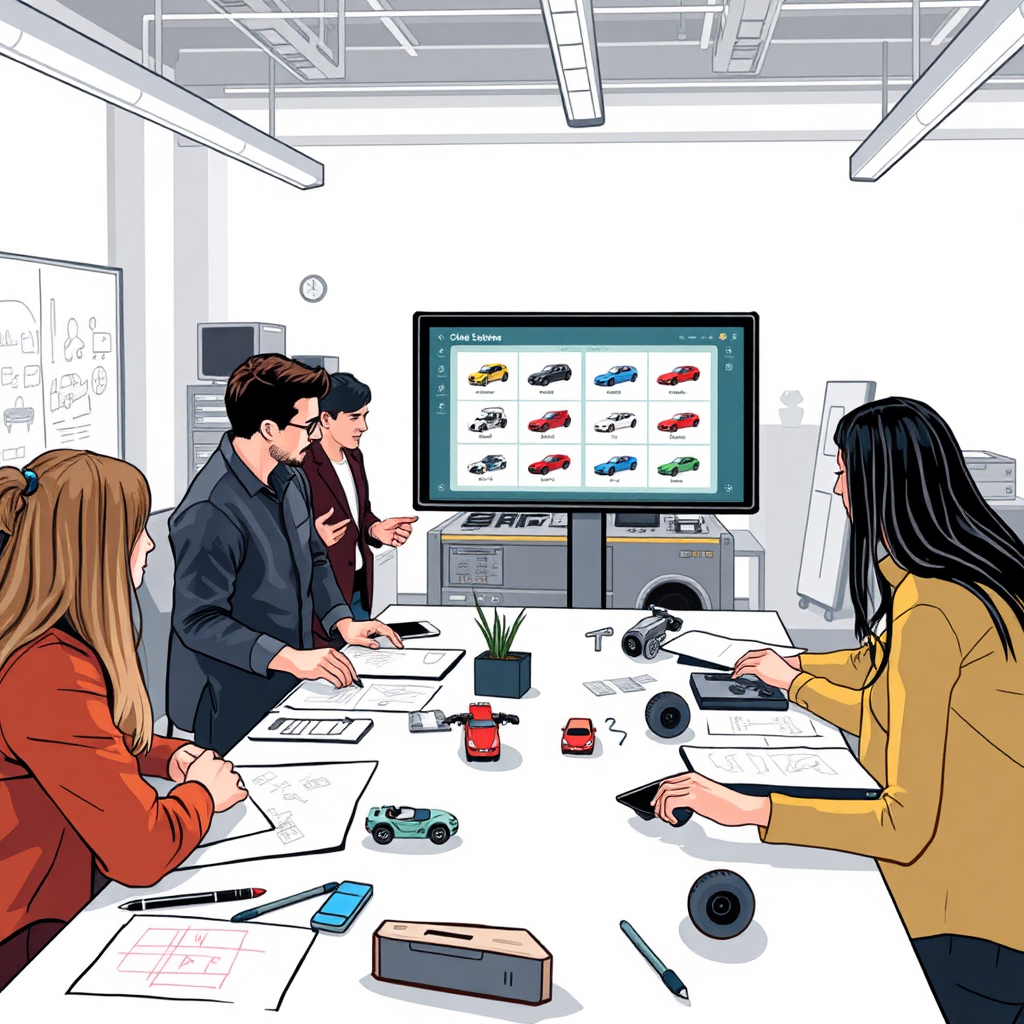 Illustrate an interactive workshop session where clients collaborate with engineers to design their custom electric vehicles. The setting is bright and inviting, filled with sketches and models. Display a digital screen representing various customization options as clients engage with the team. The image should suggest excitement and creativity, emphasizing collaboration in delivering tailored solutions.