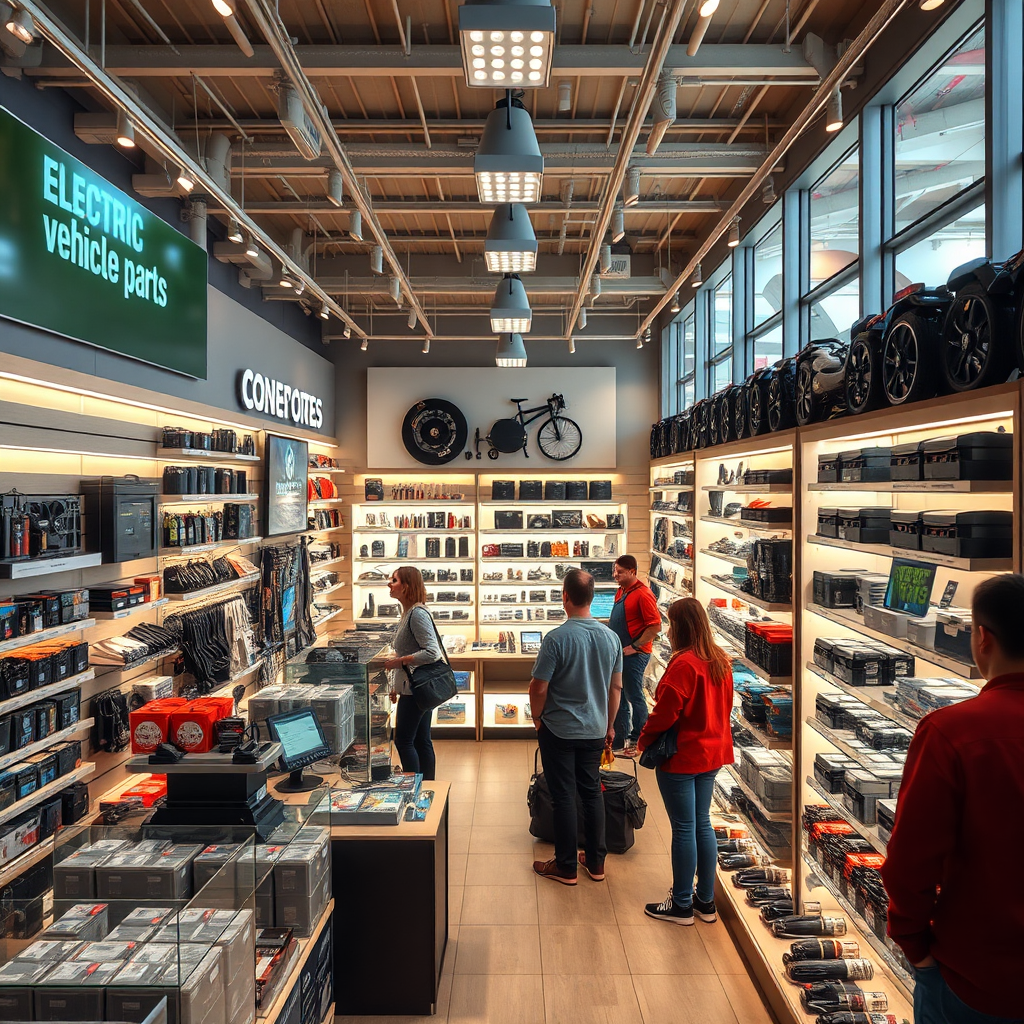 Visualize a modern retail store interior dedicated to electric vehicle parts. Bright displays filled with innovative products—like batteries, motors, and styling kits—surround eager customers exploring options. The warm and inviting ambiance encourages engagement, highlighting the variety of choices available. Create a sense of excitement and anticipation, shot from an angle overlooking the store.