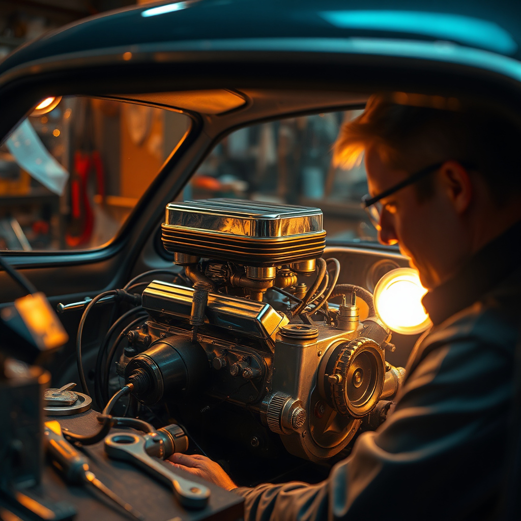 Visualize an artisan carefully working on an electric-powered engine inside a vintage car. Warm, ambient workshop lighting reflects tools on a workbench, creating a cozy yet industrious environment. Capture the artist's focus and the intricate details of the engine, emphasizing the blend of classic and modern design elements. The image should evoke a strong emotional response, displayed in vibrant detail.