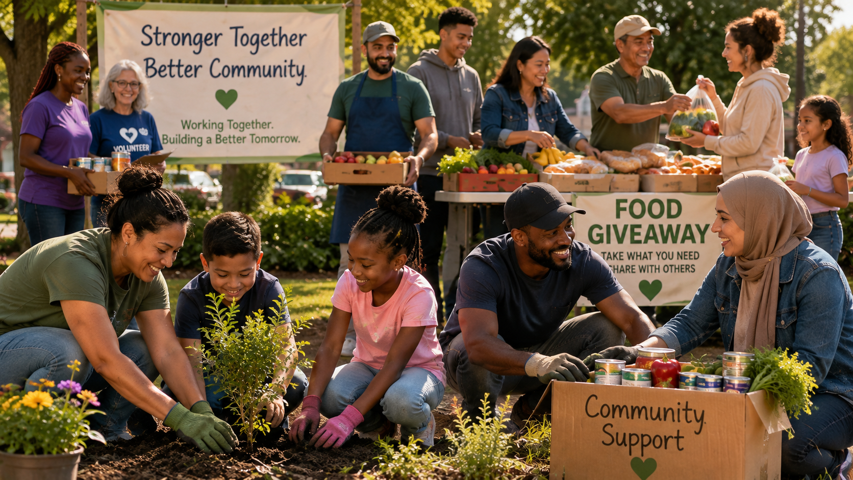 A diverse community working together through food distribution, volunteering and community service