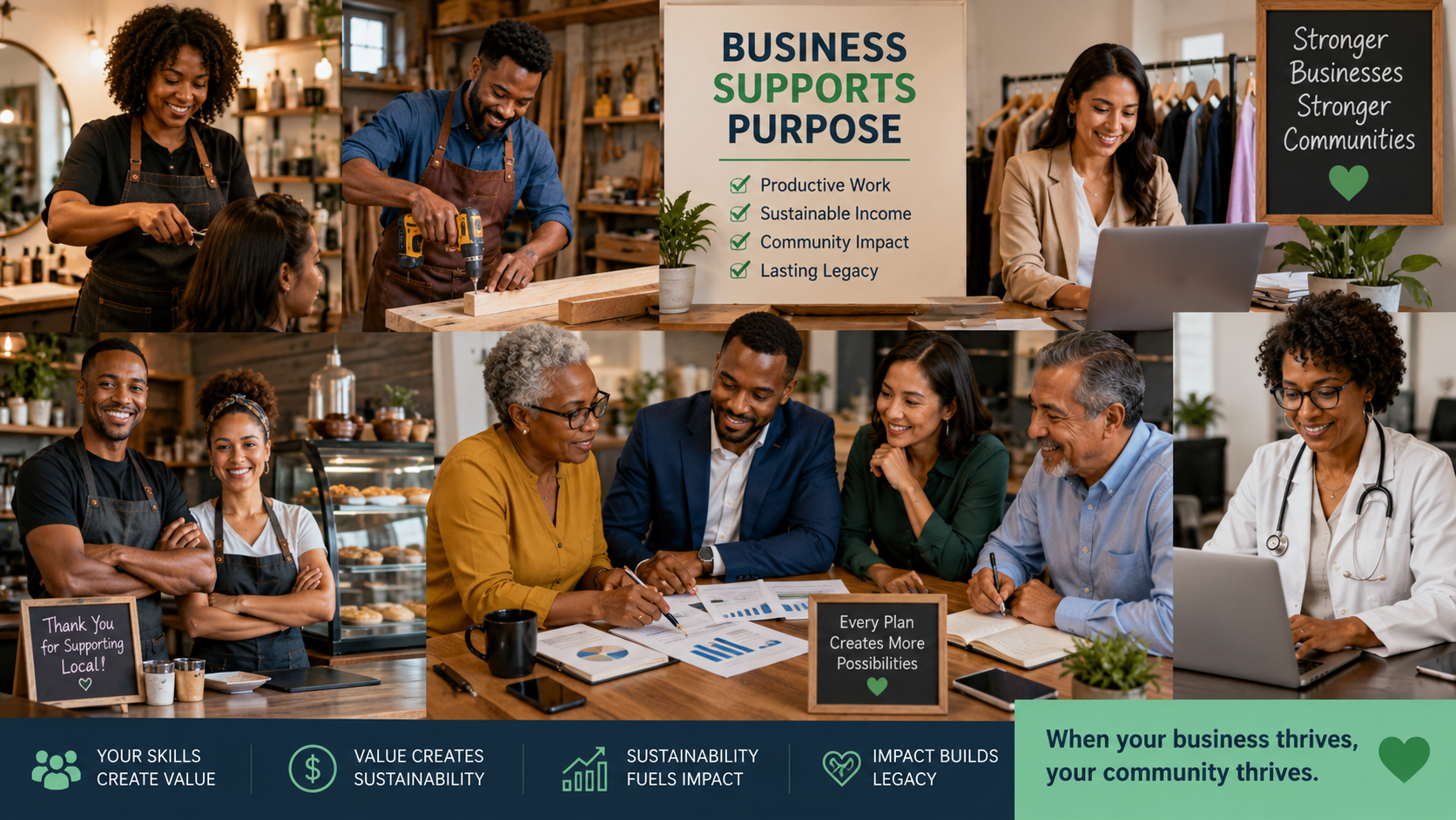 Diverse business owners and professionals using productive work to support sustainable community impact
