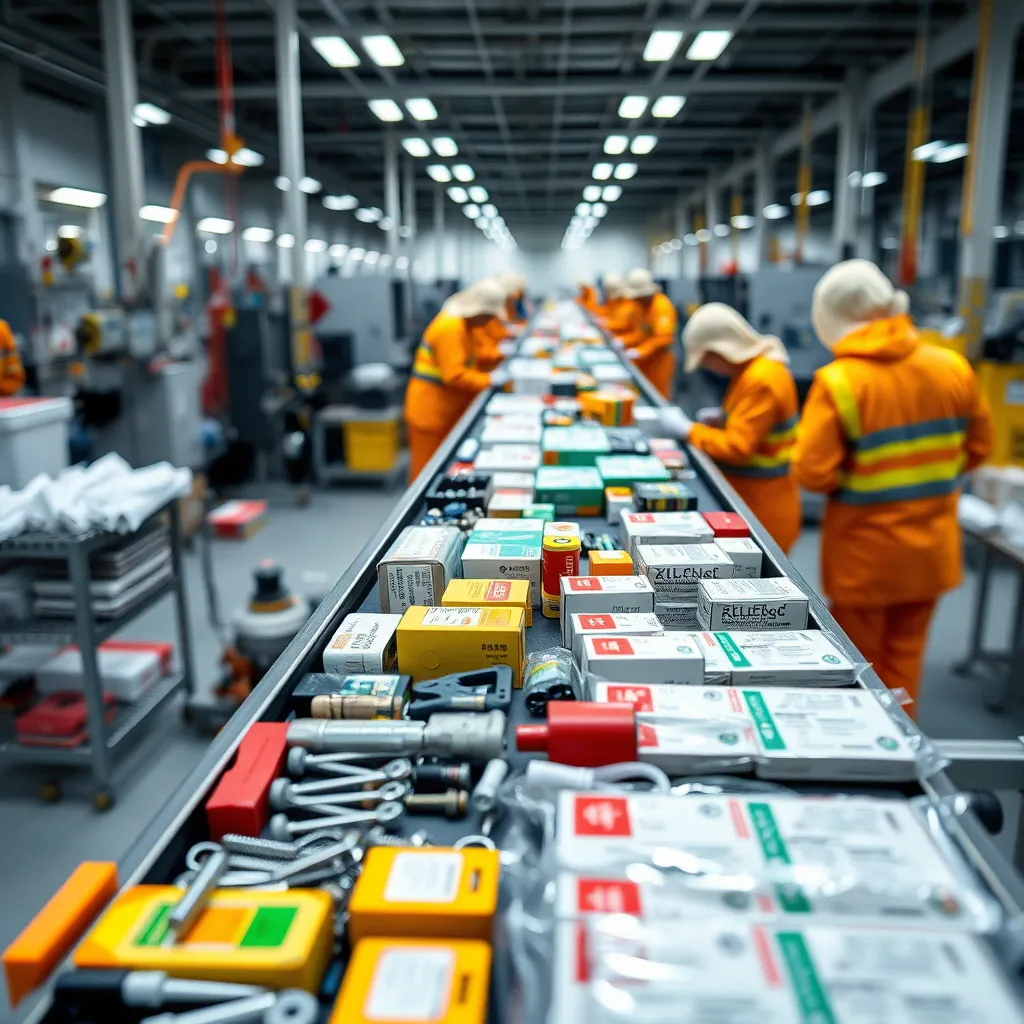 A close-up, high-angle shot of a conveyor belt moving along a modern production line, with a variety of building and hardware products in various stages of packaging and labeling. The products are neatly arranged on the belt, showcasing a diverse range of items, including tools, fasteners, electrical components, and plumbing supplies. Workers in clean, brightly colored uniforms are meticulously inspecting the products and applying labels. The environment is clean and well-lit, with an emphasis on the precision and efficiency of the packaging process. The image should be in a photorealistic style, with ultra-high resolution and sharp details, capturing the intricate details of the packaging materials, the vibrant colors of the labels, and the smooth movement of the conveyor belt. The background should be a blurred representation of the production line, showcasing various machines and workers diligently carrying out their tasks. The overall mood should be one of high-quality craftsmanship and meticulous attention to detail, highlighting the brand's commitment to delivering products that meet the specific needs of retailers in developing countries.