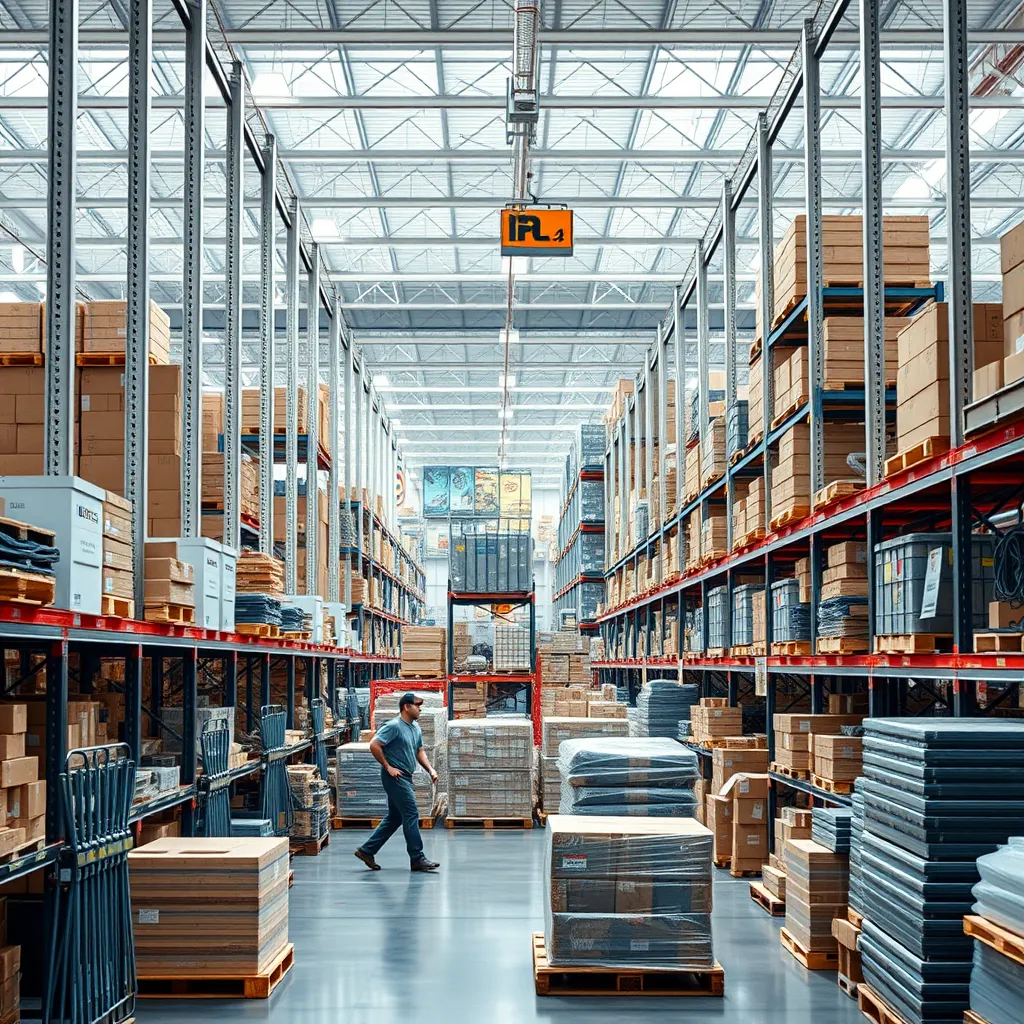 A modern warehouse filled with rows of organized building and hardware supplies. Workers are efficiently loading and unloading pallets, showcasing a well-managed, reliable supply chain. The focus should be on the smooth flow of goods, emphasizing the dependability and efficiency of DR Tool Solutions' operations.