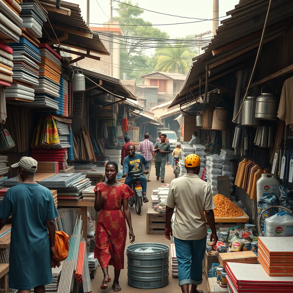 A photorealistic image of a bustling market in a developing country, filled with vendors selling various building materials and hardware supplies. The scene should showcase a thriving business environment with customers and vendors interacting, emphasizing the economic benefits of affordable building materials.