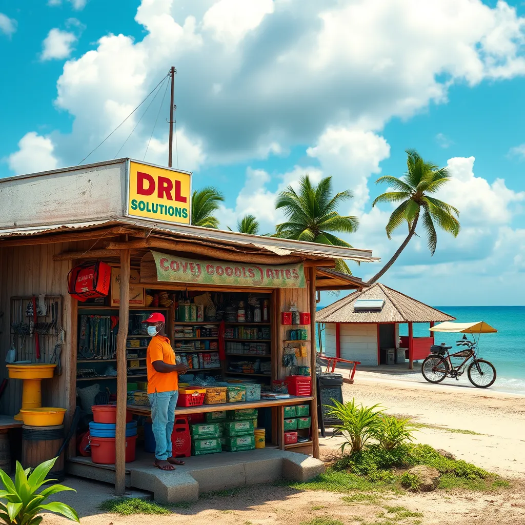 A photorealistic image of a Caribbean island with vibrant colors. A small hardware store owned by a local entrepreneur is thriving with customers and well-stocked with supplies. The image should convey a sense of optimism, entrepreneurship, and success, highlighting the positive impact of DR Tool Solutions on local businesses.