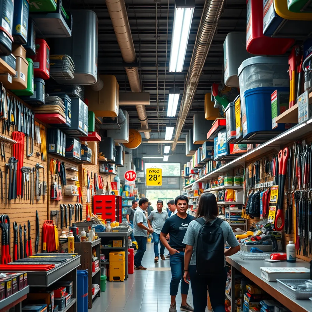 A photorealistic image of a hardware store in a vibrant Central American market. The store is well-stocked with a variety of tools, building materials, and hardware supplies. Customers are browsing the aisles, interacting with friendly staff. The image should convey a sense of bustling activity and affordability.