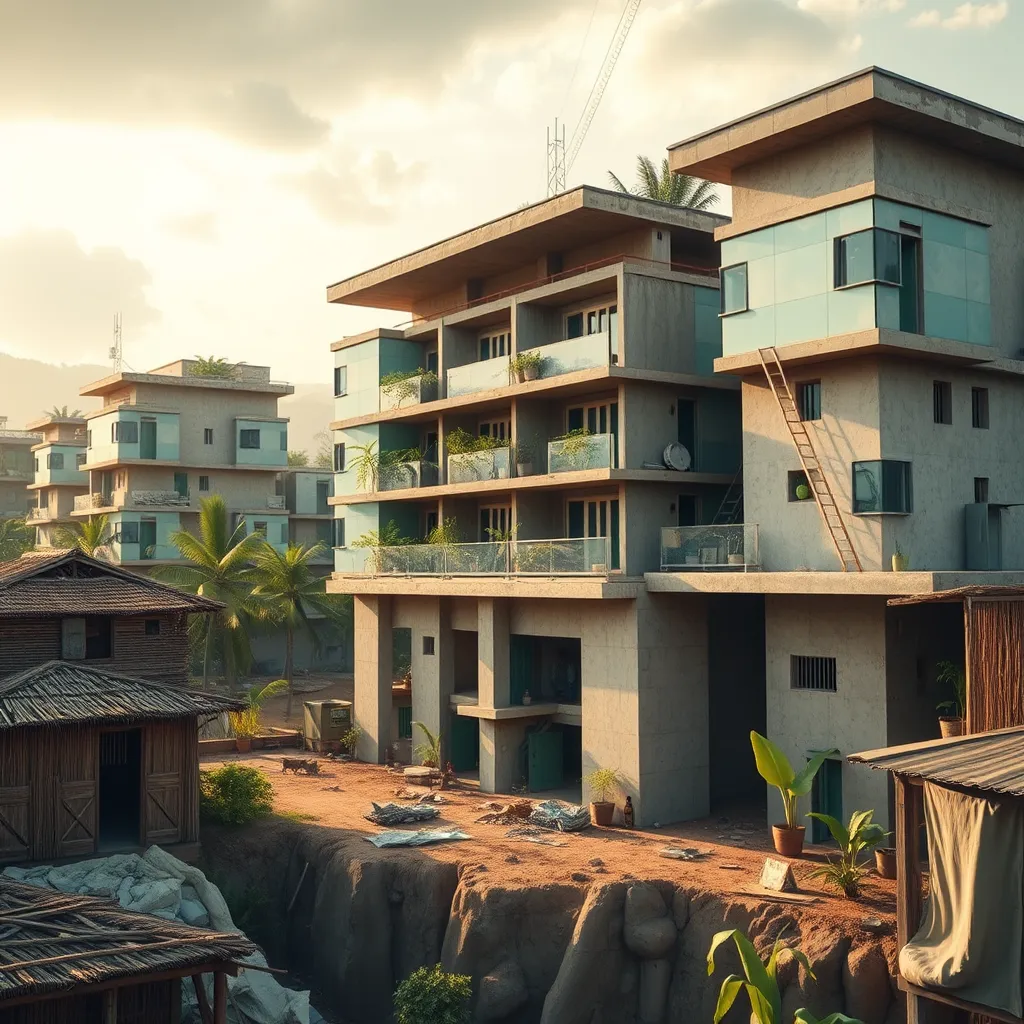 A photorealistic image of a sustainable building project in a developing country, showcasing innovative building techniques and eco-friendly materials. The scene should highlight the use of recycled materials, renewable energy sources, and green infrastructure, emphasizing the commitment to sustainable development.