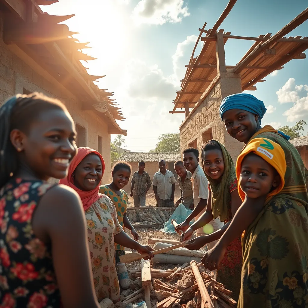 A photorealistic image of a vibrant community in a developing country, with people working together to build a new home using high-quality building materials. The scene should convey a sense of hope and progress, with sunlight illuminating the construction site and happy faces of the community members.