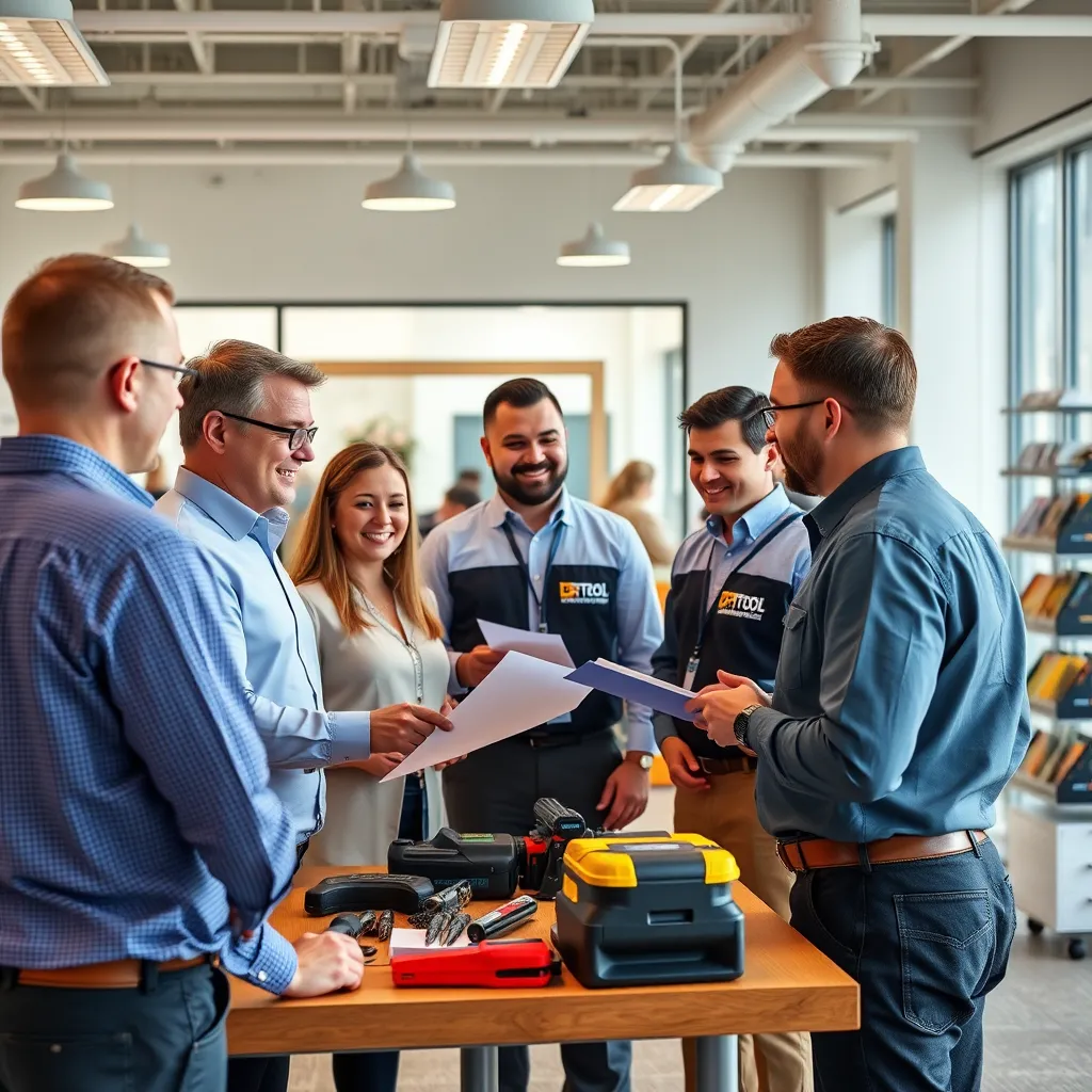A team of friendly and knowledgeable DR Tool Solutions representatives are meeting with a group of retailers in a bright and welcoming office setting. They are discussing business strategies, product recommendations, and market insights, demonstrating a strong partnership focused on growth and success. The image should convey a sense of collaboration, expertise, and support.