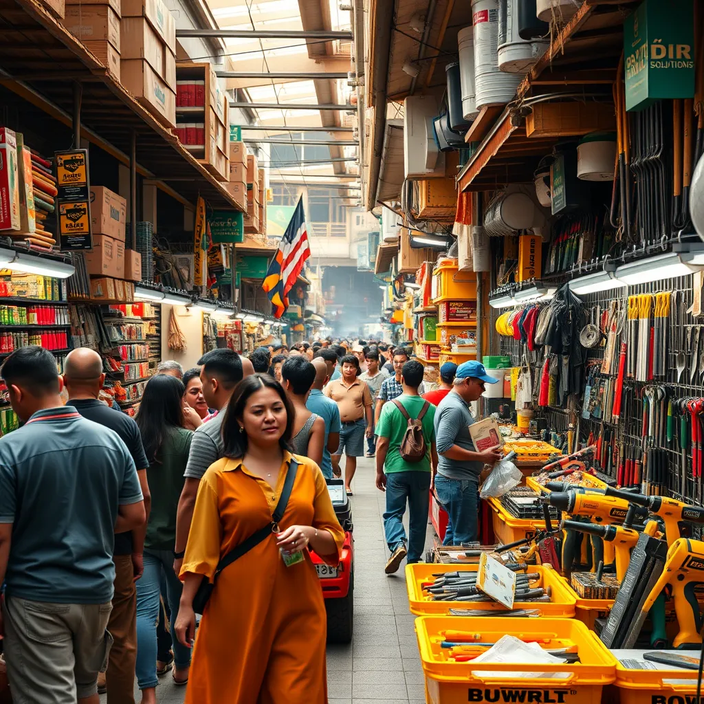 A vibrant marketplace in a Latin American city. A diverse group of people are shopping for building supplies, hardware, and tools.  The scene is bustling with activity, with vendors showcasing their products. The focus should be on the variety and quality of the supplies being offered, emphasizing the value proposition of DR Tool Solutions.