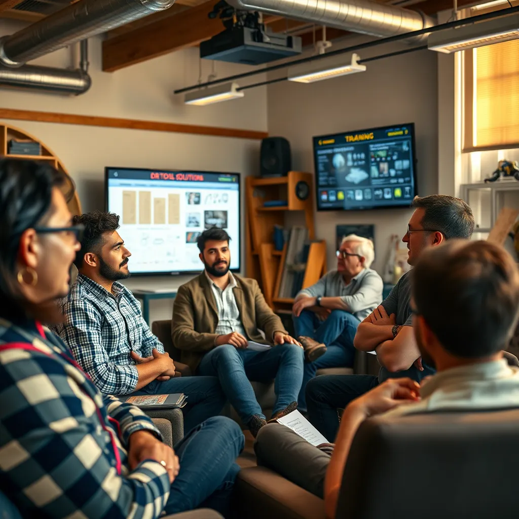 A warm and inviting scene inside a training room, with a group of diverse individuals attentively listening to a knowledgeable instructor. The room is well-lit, featuring comfortable seating and a large screen displaying informative visuals. The instructor is enthusiastically explaining technical concepts related to building and hardware supplies, while interacting with the participants. The group includes individuals of different ages, genders, and backgrounds, representing the diverse customer base served by DR Tool Solutions. The mood is one of collaborative learning, with participants engaging in discussions and asking questions. The image should be in a photorealistic style, with a soft, natural light and warm color palette, capturing the genuine expressions of the participants and the welcoming atmosphere of the training session. The background should include relevant props, such as tools, building materials, and product samples, showcasing the practical nature of the training. The image should have a shallow depth of field, focusing on the faces of the participants and the instructor, highlighting the importance of human connection and knowledge sharing in the service provided.