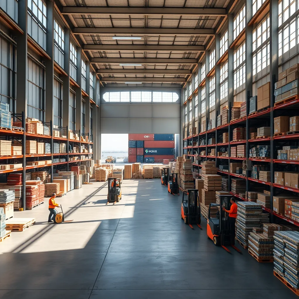 A wide shot, taken from a slightly elevated angle, of a modern warehouse bustling with activity. The interior is bright and spacious, with large open bays filled with neatly stacked pallets of building materials, tools, and hardware supplies. Sunlight streams through high windows, casting long shadows across the floor. Workers in vibrant uniforms are efficiently moving pallets with forklifts, while others are checking inventory and preparing orders. The overall mood is one of organized efficiency and optimism. The image should be in a photorealistic style, with ultra-high resolution and sharp details, capturing the texture of concrete floors, the gleaming metal of machinery, and the vibrant colors of the packaging. The focus should be on the scale and scope of the operation, emphasizing the variety and abundance of building supplies available. In the background, there are multiple large shipping containers stacked neatly outside, signifying the ongoing influx of materials. The image should be framed with a shallow depth of field, drawing attention to the central activity of the warehouse while highlighting the vastness of the space.