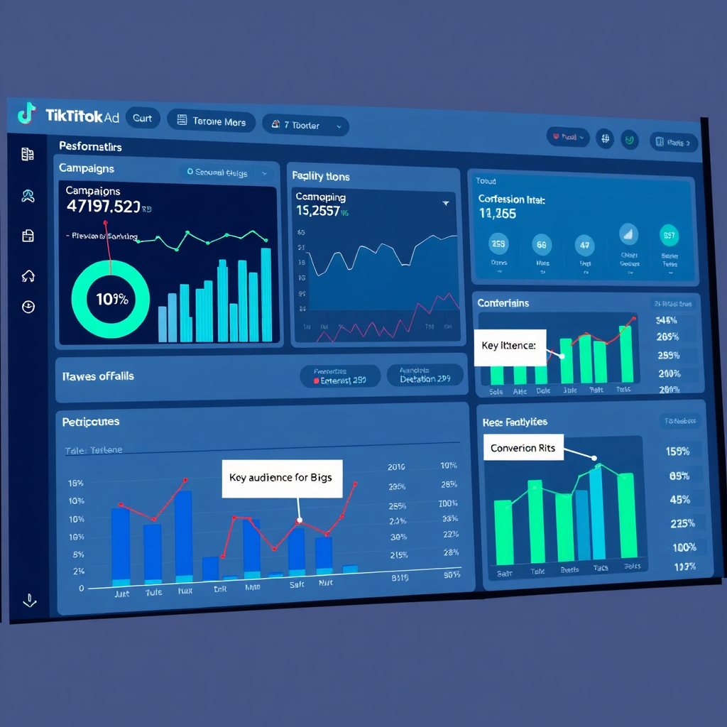 Create a photorealistic image featuring a detailed dashboard displaying TikTok ads metrics. The dashboard should include graphs showcasing campaign performance, audience demographics, and conversion rates. The color palette should emphasize blues, greens, and grays to convey trust and professionalism. The image should evoke a sense of clarity and data-driven decision-making. Include annotations highlighting key performance indicators (KPIs). The lighting is soft and even, emphasizing the crispness of the data visualizations.