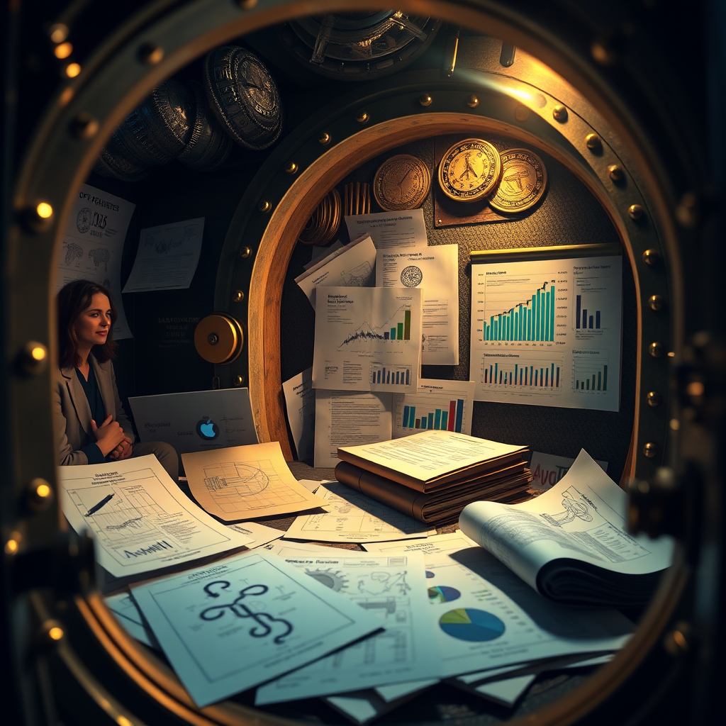 Create a photorealistic image depicting a hidden vault filled with secrets of TikTok ads mastery. The scene includes documents, blueprints, and data visualizations, all related to successful ad campaigns. The lighting is dramatic and mysterious, emphasizing the exclusivity of the information. The color palette is a mix of golds, blues, and greens, representing wealth, knowledge, and growth.