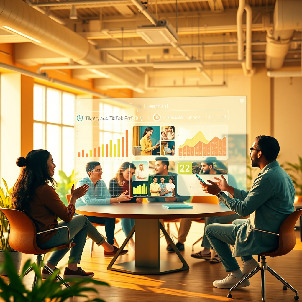 Create a photorealistic image symbolizing the mission of 'Learn TikTok Ads'. The scene shows a diverse group of individuals collaborating around a large, interactive holographic display showcasing TikTok ads performance data. The environment is a bright, open workspace filled with natural light. The color palette is warm and inviting, with a focus on oranges, yellows, and greens to convey optimism and growth. The camera angle is a wide shot, capturing the collaborative atmosphere and the engagement of the individuals. The holographic display shows charts, graphs, and TikTok video snippets, representing successful ad campaigns. The image should convey a sense of community, learning, and achievement. Style reference: Modern co-working space, focus on collaboration and data visualization. 4K resolution, high quality.
