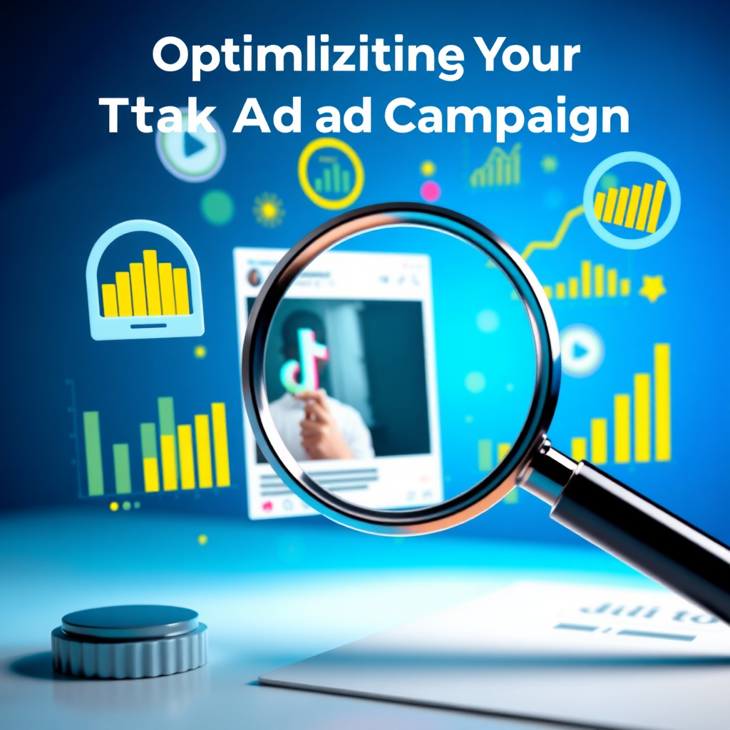 Create a photorealistic image visualizing the process of optimizing a TikTok ad campaign. The scene depicts a magnifying glass hovering over a TikTok ad, with various data points and metrics floating around it. The color palette is a mix of blues, greens, and yellows, representing analysis, growth, and optimization. The image should convey the idea of continuous improvement and refining your campaigns for better results.