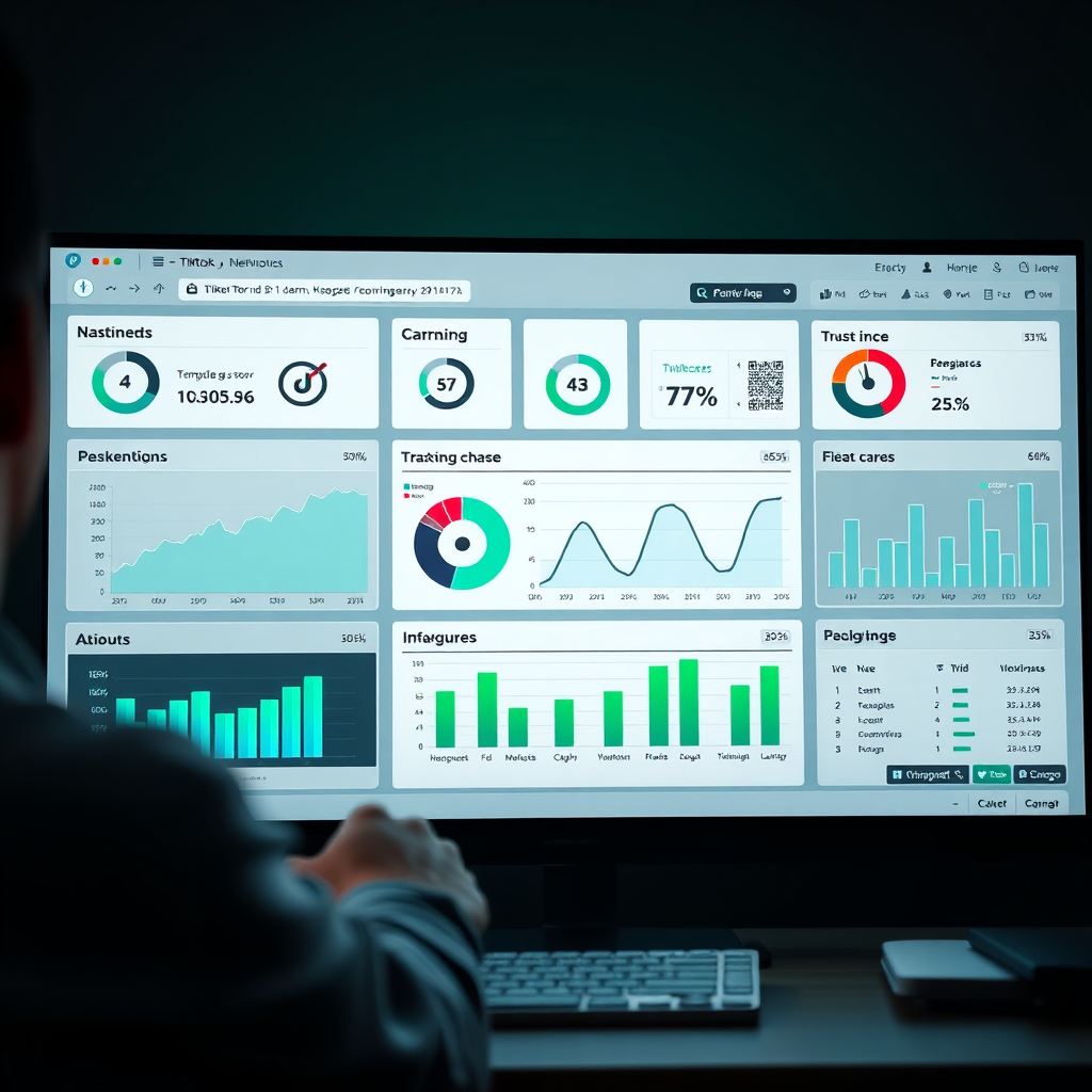 Create a photorealistic image featuring a dashboard displaying real-time TikTok ads performance data. The dashboard should include interactive graphs, charts, and metrics. The color palette should emphasize greens, blues, and grays to convey trust and professionalism. The image should evoke a sense of control and data-driven decision-making.