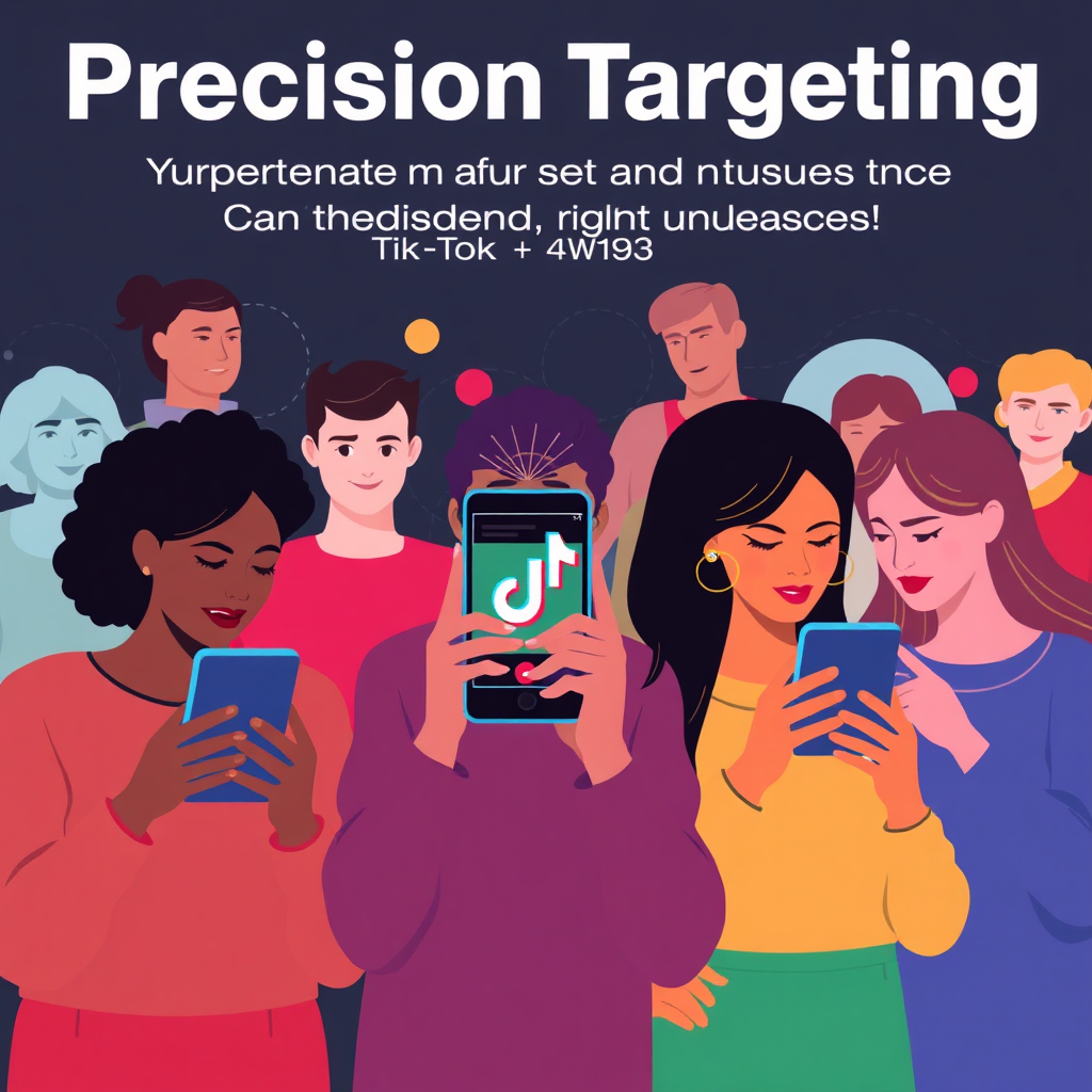 Create a stylized image depicting a diverse group of TikTok users interacting with ads on their smartphones. The background features abstract representations of different audience segments. The color palette is vibrant and energetic, reflecting the diversity of the TikTok user base. The image should convey the idea of precision targeting and reaching the right audience with the right message.