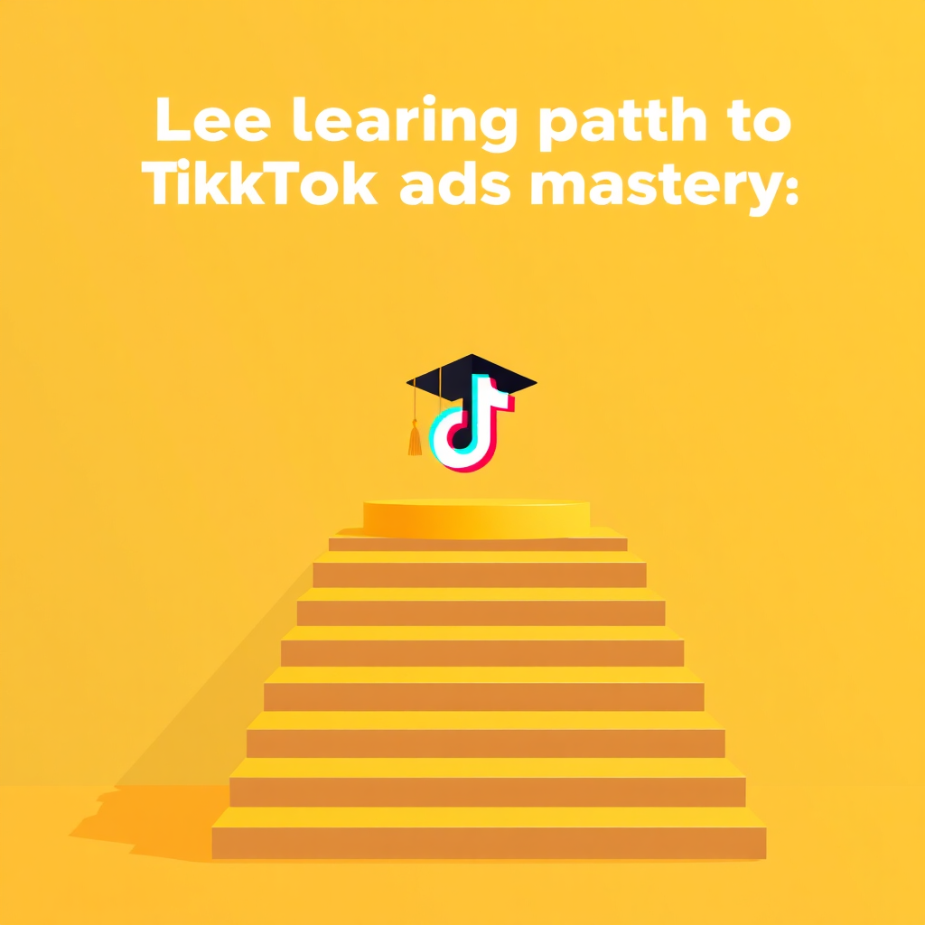 Create a stylized image representing a learning path to TikTok ads mastery. The scene shows a staircase leading up to a platform with a graduation cap and a TikTok logo. The color palette is warm and inviting, with a focus on yellows, oranges, and greens to convey optimism and growth. The image should evoke a sense of progress and achievement.