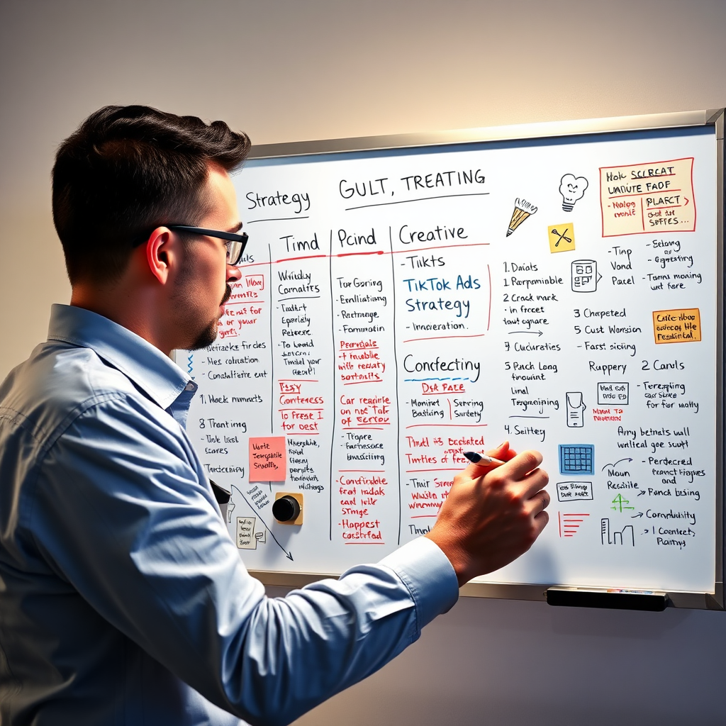Create an image illustrating a custom TikTok Ads strategy being created. A strategist is working on a digital whiteboard, filled with notes, data, and creative ideas, all related to a specific brand and its goals. The lighting is bright and inspirational.