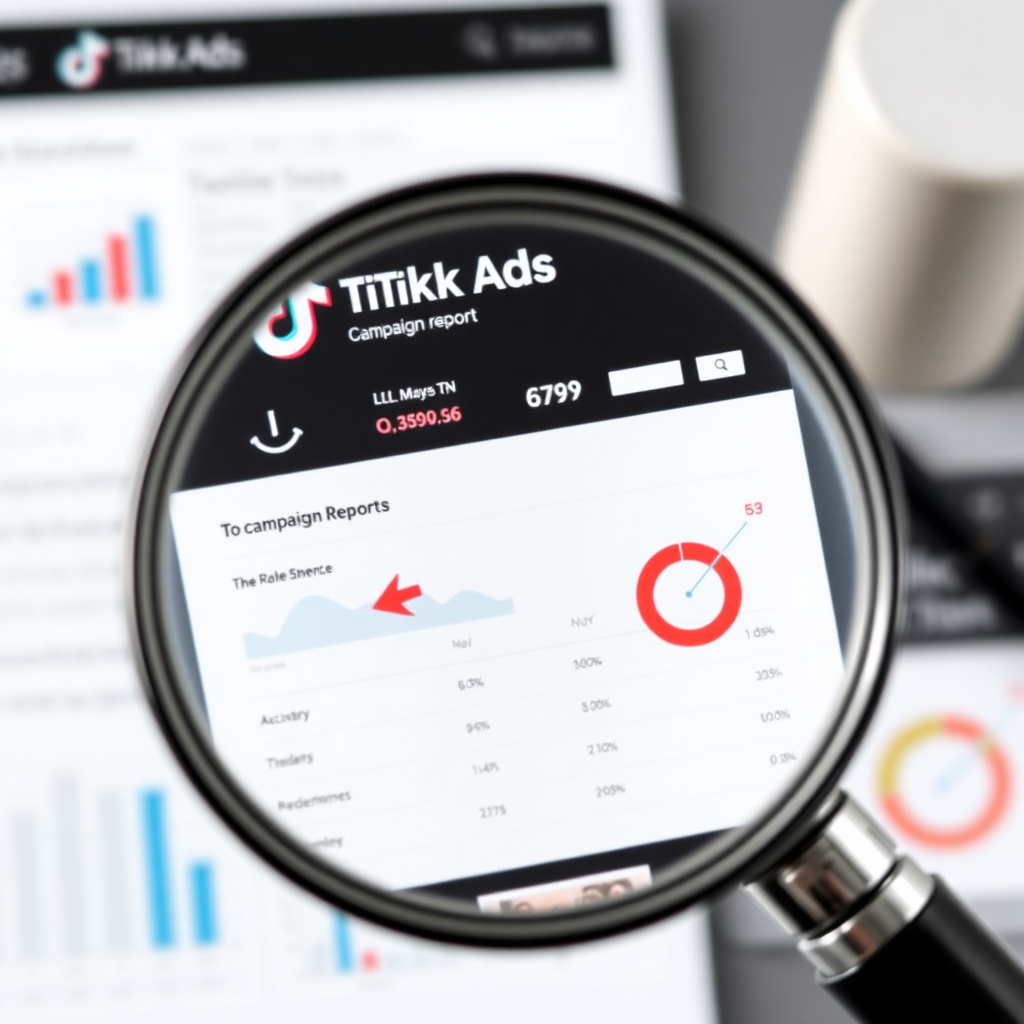 Create an image of a magnifying glass hovering over a TikTok Ads campaign report. The scene highlights key metrics and areas for improvement with visual cues like arrows and circles. The overall tone is professional and data-driven.