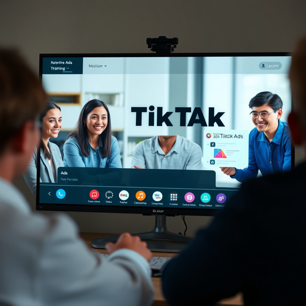 Create an image showing a screen displaying an online TikTok Ads training course. Students are engaged and learning, with positive expressions. Soft, inviting lighting. Showcase interactive elements of the course. The colors should be vibrant but professional.