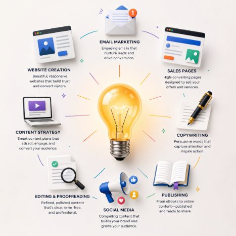 Content services: website creation, email marketing, sales pages, copywriting, publishing, social media, editing and content strategy