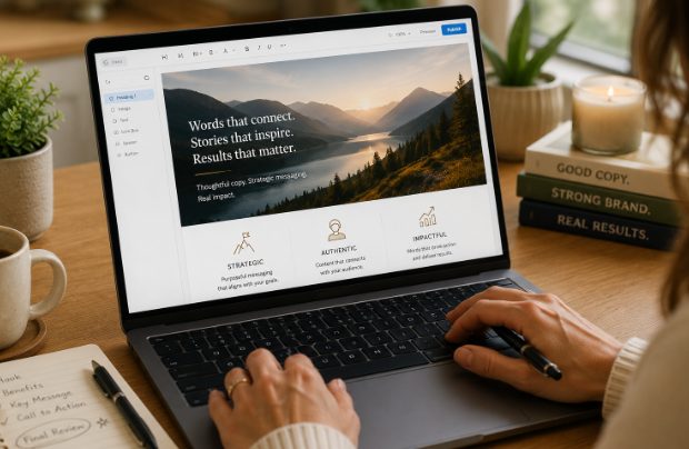 Hands typing on a laptop showing a finished website