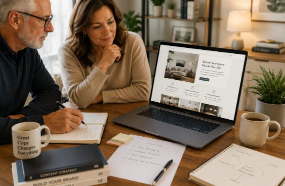 Two people planning website content together at a laptop