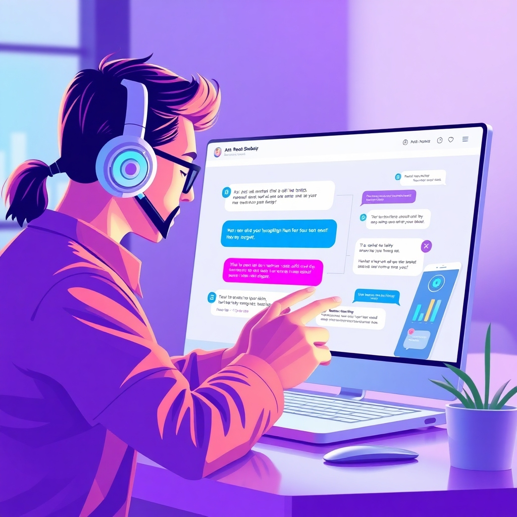 Create a vibrant, modern image showcasing a user interacting with an AI chatbot on a website, highlighting the seamless and intuitive interaction