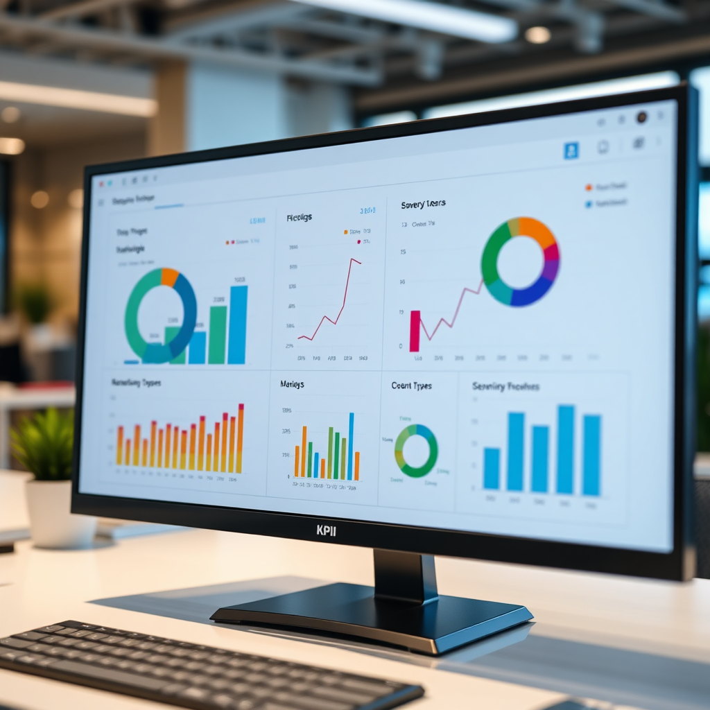 Create an image depicting a dashboard with charts and graphs displaying key performance indicators (KPIs). The charts should be dynamic and visually appealing, representing the impact of data-driven optimization. The dashboard should be clean and modern, with a user-friendly interface. The background should be a blurred office setting. Use a professional and informative color palette. The overall style should be data-driven and results-oriented. Camera angle: A close-up shot of the dashboard, highlighting the charts and graphs. Texture details should emphasize the screen and the data visualizations.
