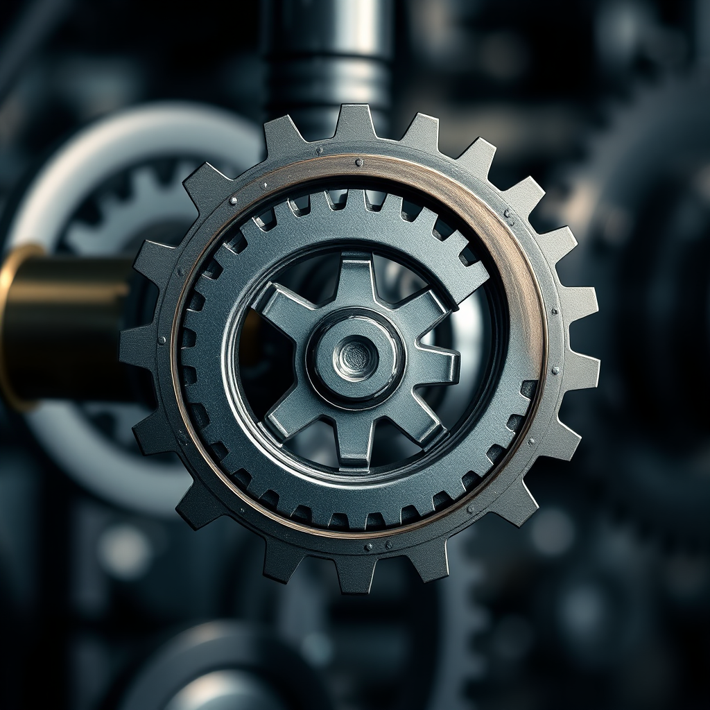 Create an image depicting a set of gears interlocking perfectly to create a smooth and efficient machine. Each gear represents a different element of the tailored solution, and the interlocking represents the seamless integration. The background should be blurred, emphasizing the interconnectedness and efficiency of the system. Use a metallic and industrial color palette. The overall style should be technical and precise. Camera angle: A medium shot of the gears interlocking. Texture details should highlight the texture of the gears and the smooth operation of the machine.