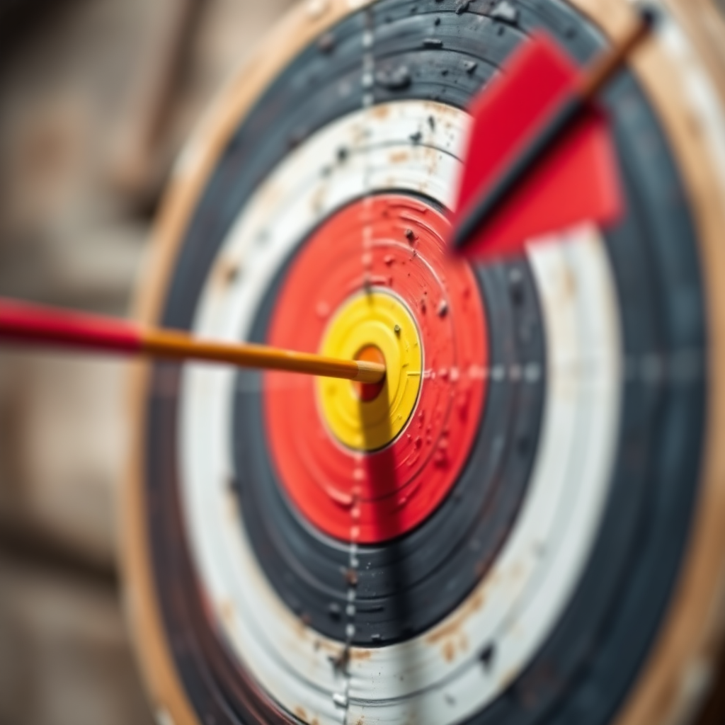 Create an image depicting a target with an arrow hitting the bullseye. The target represents the business goals, and the arrow represents the results-oriented copy. The background should be blurred, emphasizing the focus and accuracy of the shot. Use a vibrant and dynamic color palette. The overall style should be modern and impactful. Camera angle: A close-up shot of the target and arrow. Texture details should highlight the texture of the target and the sharpness of the arrow.