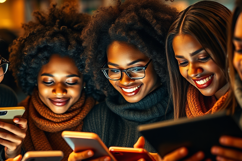 Create an image representing audience engagement with compelling content. Depict a group of diverse individuals engrossed in reading something displayed on their various devices (phones, tablets, laptops). Focus on capturing their expressions of interest and connection. Use warm lighting to create an inviting and positive atmosphere. The background should be blurred, suggesting a variety of environments (coffee shop, home, office). The overall style should be photorealistic but with a slight artistic touch. Camera angle: A medium shot capturing the diverse group and their expressions. Textures should highlight the screens and the individuals' attire.