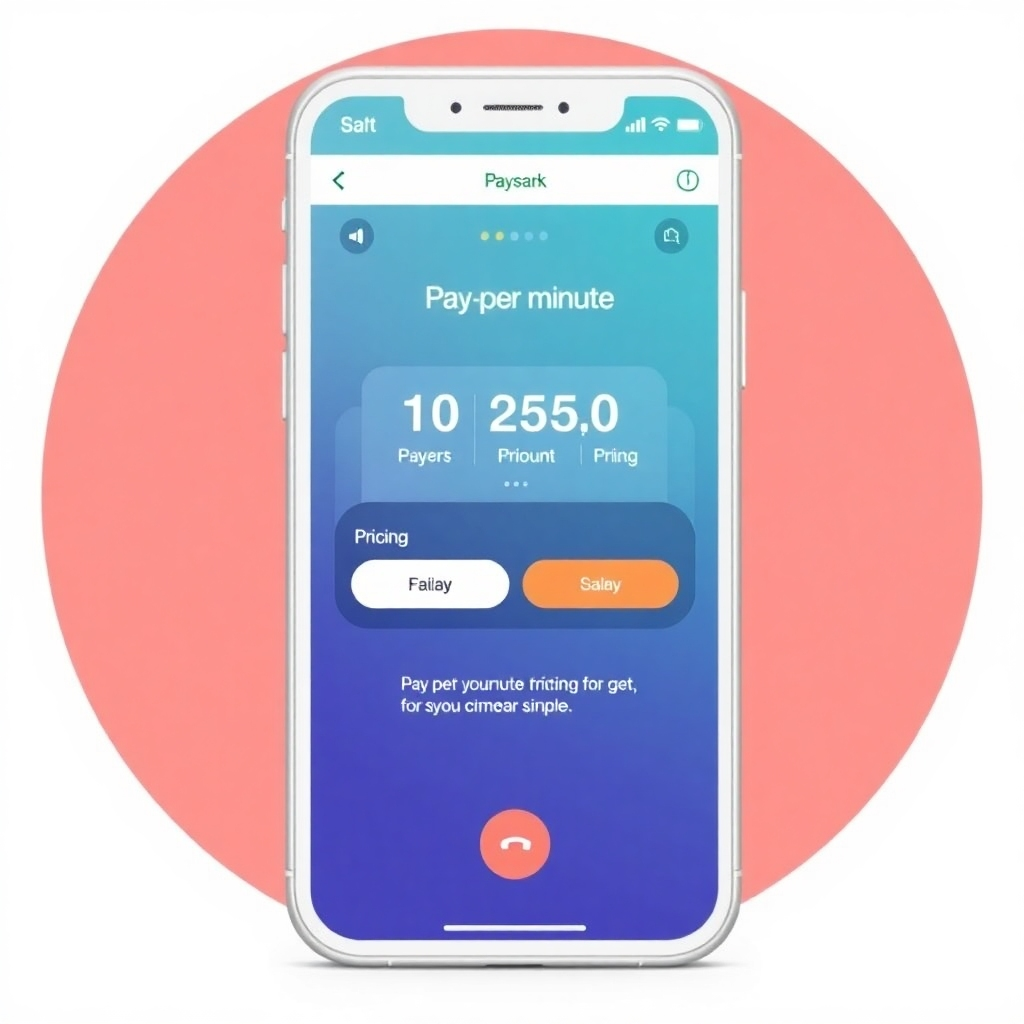 Depict a modern smartphone displaying a clear and user-friendly interface, showing the pay-per-minute pricing structure in a clear and simple manner.