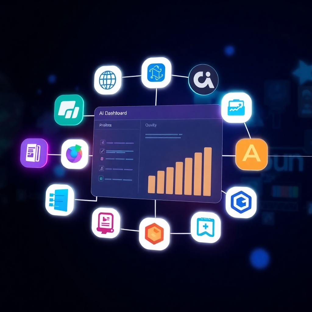 Show a professional image of various software icons integrated with a central AI dashboard, displaying seamless data flow