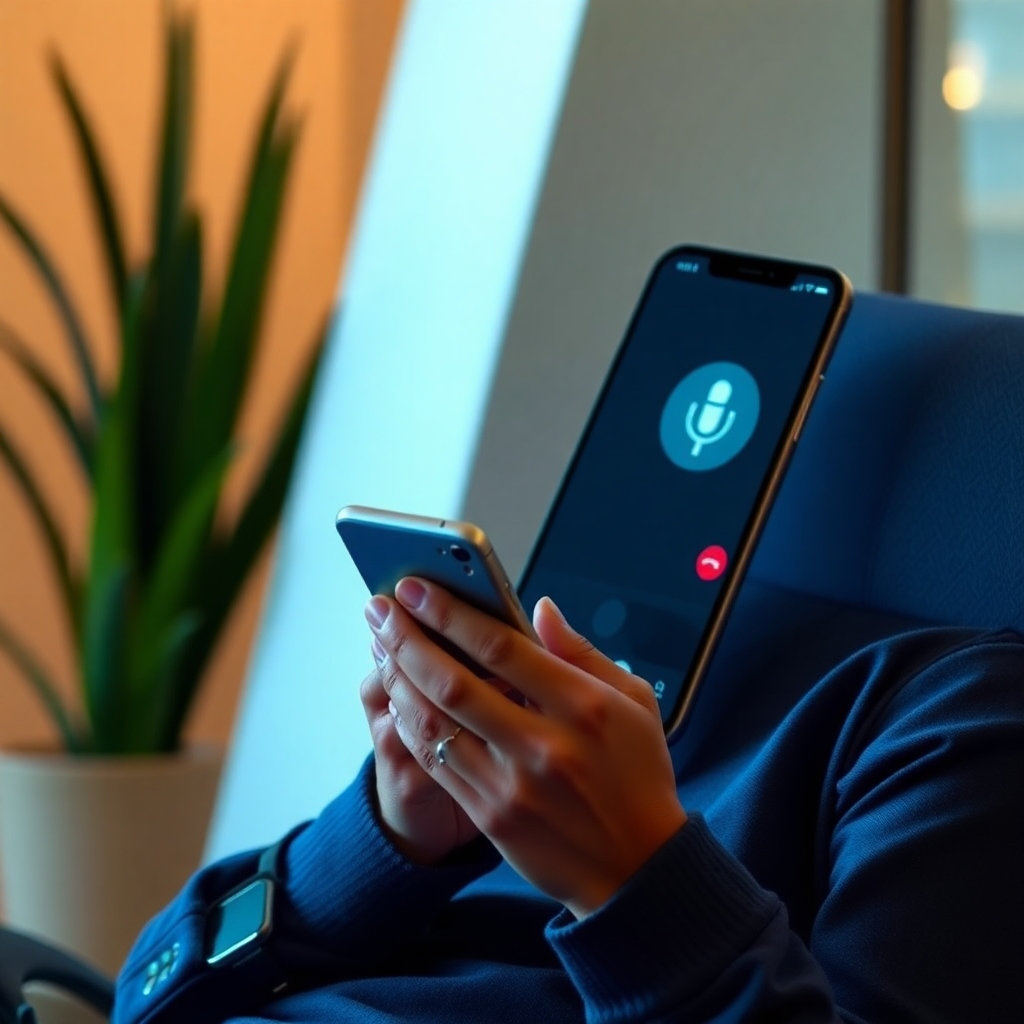 Show a stylish image of a person using a smartphone, interacting naturally with a voice AI assistant during a phone call