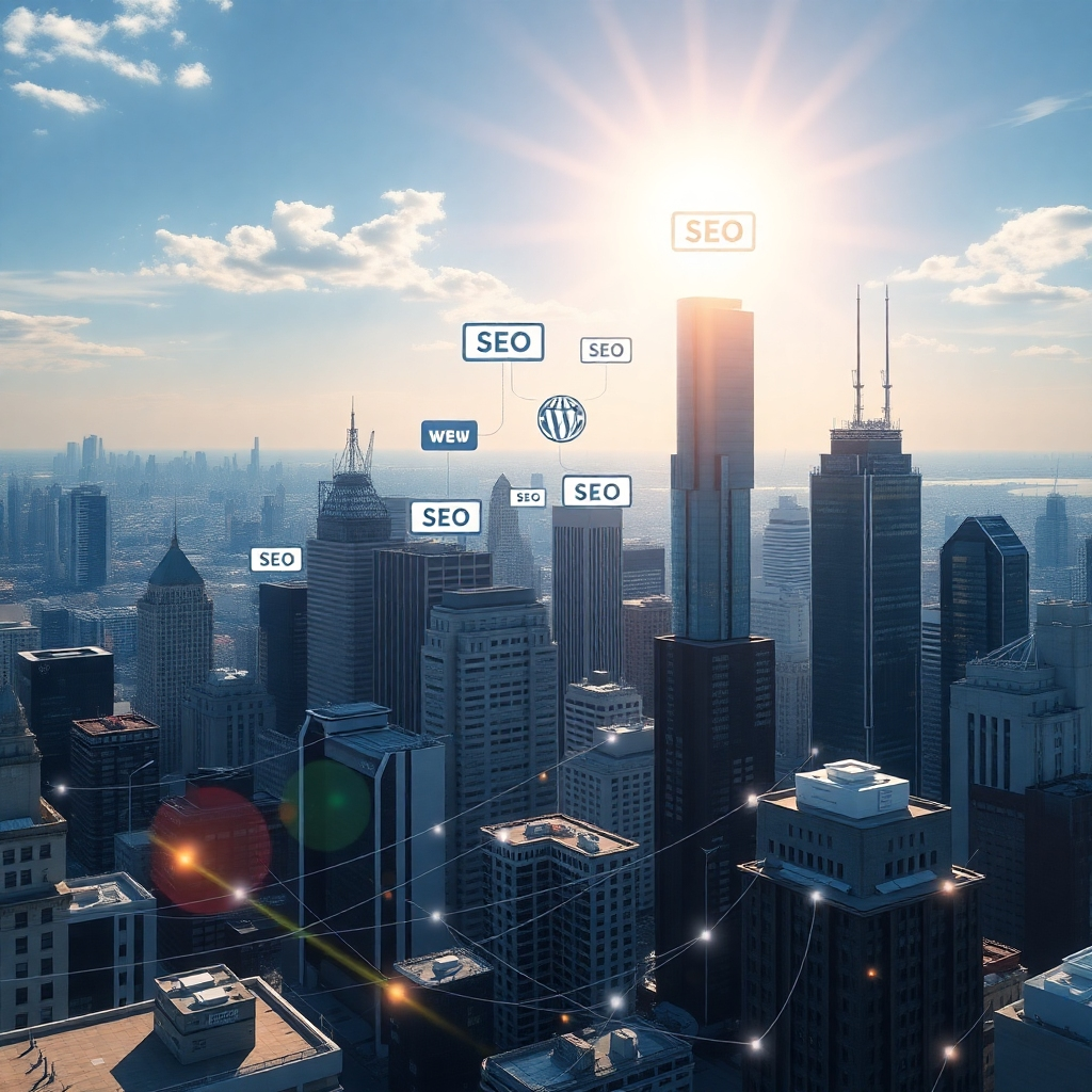 A cityscape view with various website icons rising above the buildings, symbolizing increased search engine rankings. Sunlight highlights specific websites, signifying effective SEO strategies. The scene includes data streams and network connections to represent digital connectivity. Technical specs: 4K resolution, photorealistic.