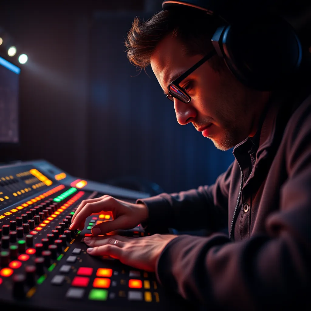 A close-up image of a professional audio engineer wearing headphones and working on a mixing console in a dimly lit studio. The focus should be on the engineer's hands, meticulously adjusting faders and knobs, with the mixing console's glowing buttons and displays creating a vibrant visual contrast. The image should have a soft, diffused lighting, highlighting the engineer's focused expression and the intricate details of the mixing console. The color palette should be a combination of dark blues, grays, and warm orange hues, creating a sophisticated and professional atmosphere. The image should be captured from a low angle, emphasizing the engineer's control and the powerful nature of the mixing process. The overall mood should be one of precision, expertise, and creative artistry. The image should be rendered in 8K resolution with hyperrealistic details, capturing the intricate textures and reflections of the equipment and the engineer's focused expression.