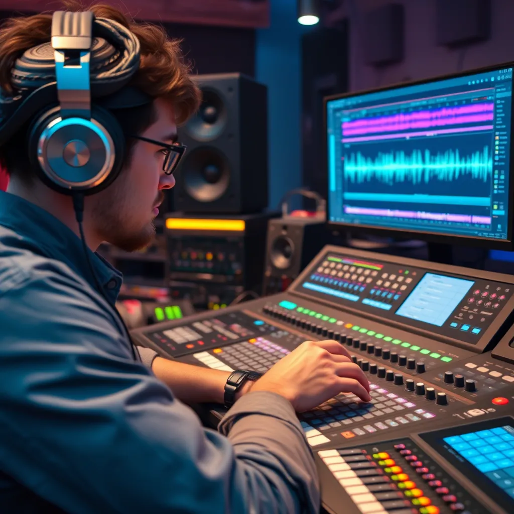 A close-up photo of a music producer working on a digital audio workstation (DAW), with various audio tracks and waveforms displayed. The producer is using headphones and adjusting faders and knobs, surrounded by a vibrant array of studio equipment.