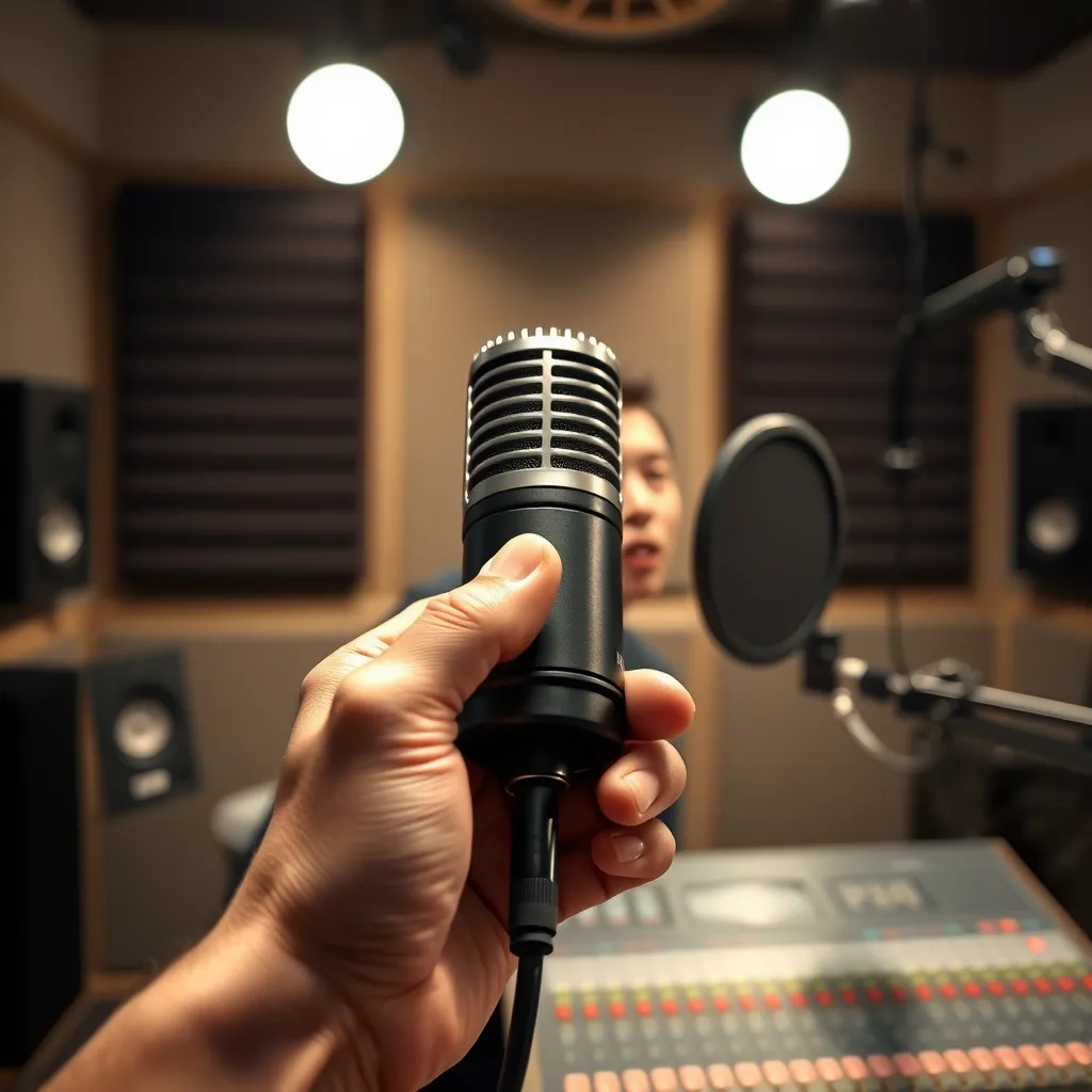 A close-up shot of a hand holding a professional condenser microphone, positioned in front of a person speaking into it. The background should be a recording studio with soundproofing panels and a mixing console. Focus on the microphone and the person's mouth, emphasizing the audio capture process.