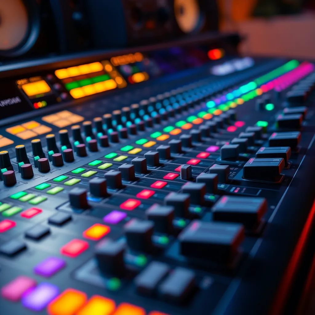 A close-up view of a sound engineer's mixing console with various faders and knobs adjusted, representing different audio tracks layered on top of each other, with vibrant colors and a soft glow emanating from the console.