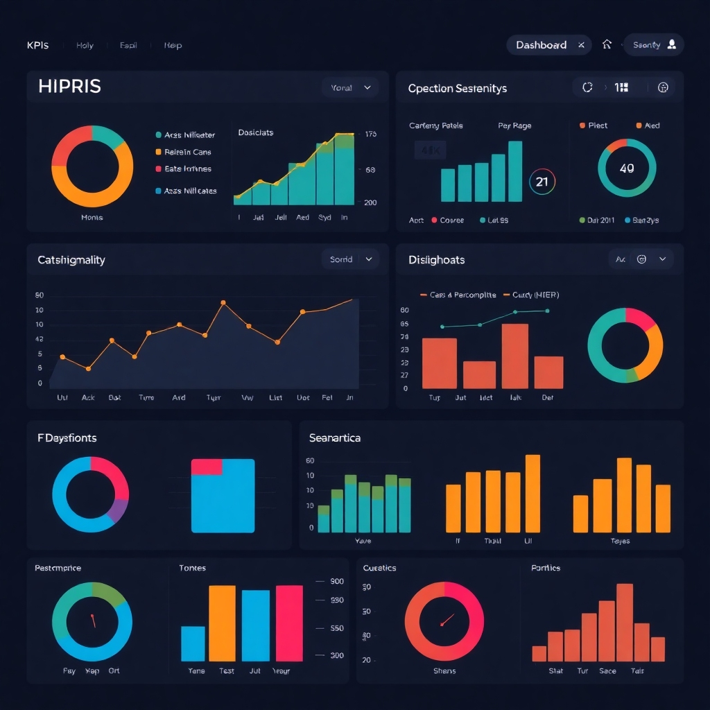 A dashboard displaying various charts and graphs, representing key performance indicators (KPIs). The data is flowing seamlessly from different digital channels into the dashboard. The color palette should be professional and informative. Technical specs: 4K resolution, clean and modern design.