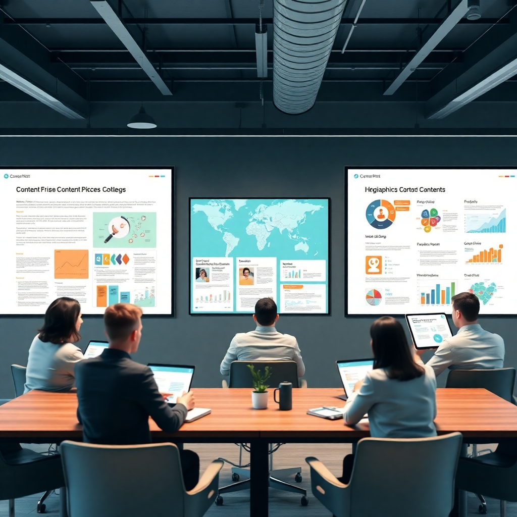 A diverse set of content pieces (blog posts, ebooks, infographics) being created in a collaborative environment. The environment is modern and creative, representing the content creation process. Technical specs: 4K resolution, photorealistic and professional.