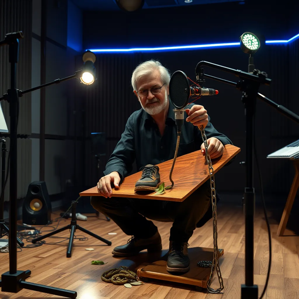 A Foley artist in a recording studio, creatively using various objects like a wooden board, a pair of shoes, and a metal chain to mimic the sounds of footsteps, crunching leaves, and a door creaking, with a microphone capturing the sounds.