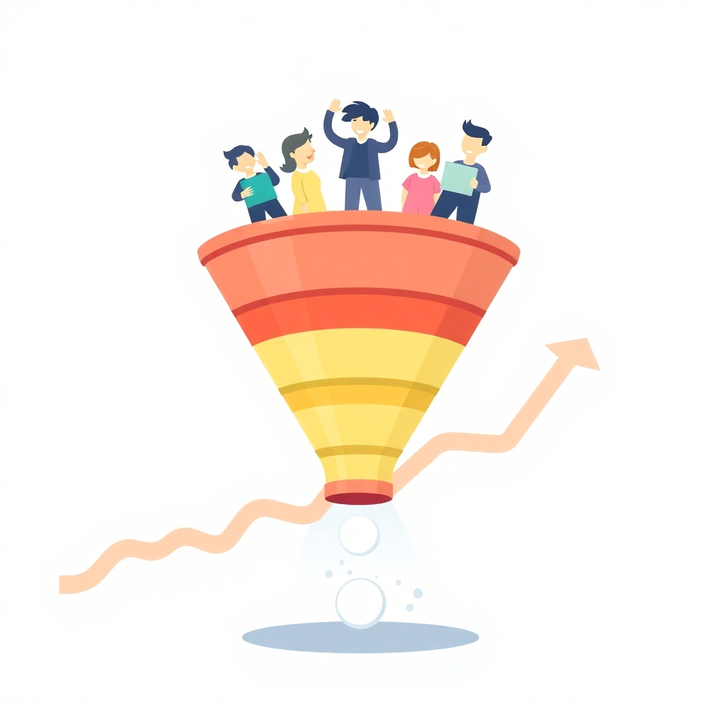 A funnel with visitors entering at the top and leads emerging at the bottom. The funnel is optimized and efficient, leading to a high conversion rate. The background should be a business growth chart. The color palette should be optimistic and encouraging. Technical specs: 4K resolution, stylized illustration.