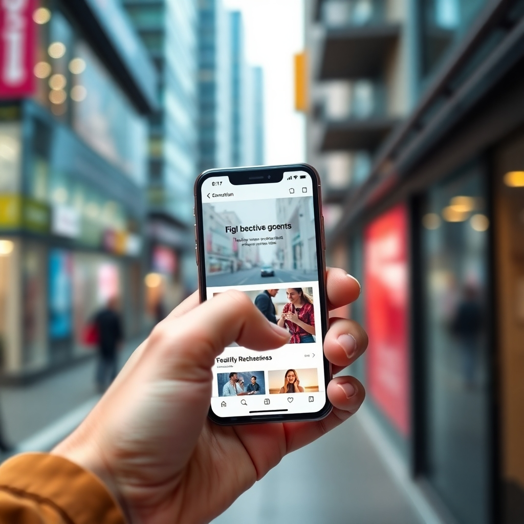 A hand holding a smartphone displaying a beautifully designed mobile website or app. The user is interacting seamlessly with the content. The background should be a modern and vibrant urban setting. The color palette should be user-friendly and visually appealing. Technical specs: 4K resolution, photorealistic.