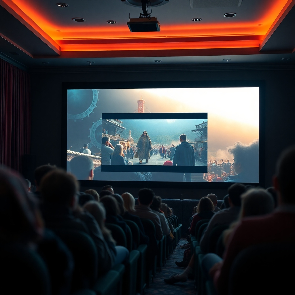 A movie screen displaying a captivating video advertisement. The audience is captivated and engaged. The background should be a comfortable and inviting viewing environment. The color palette should be cinematic and visually stimulating. Technical specs: 4K resolution, photorealistic.