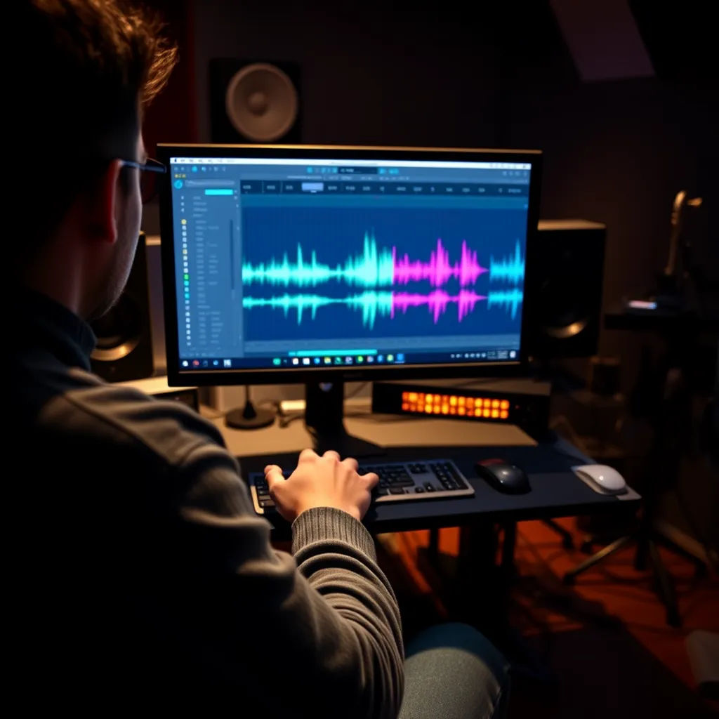A person sitting in front of a computer with a digital audio workstation (DAW) interface, using a mouse to manipulate audio waveforms and mixing levels. The DAW screen should display multiple audio tracks with different colors, indicating different instruments or vocals. The background should be a dimly lit recording studio with equipment and instruments.